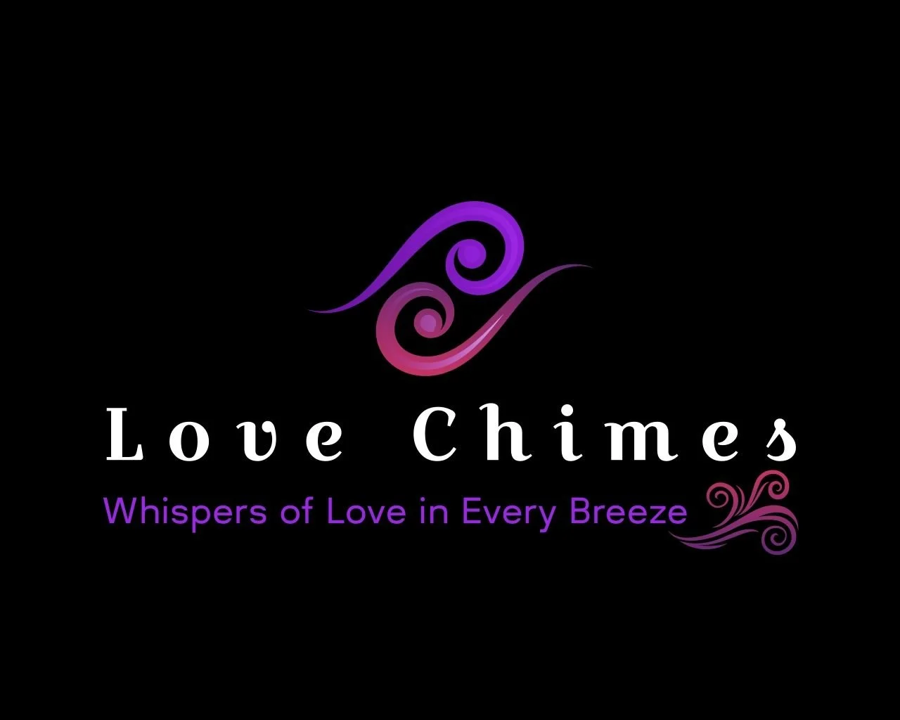 Black background with purple and pink swirling design, white text reading 'Love Chimes', and purple text saying 'Whispers of Love in Every Breeze'.