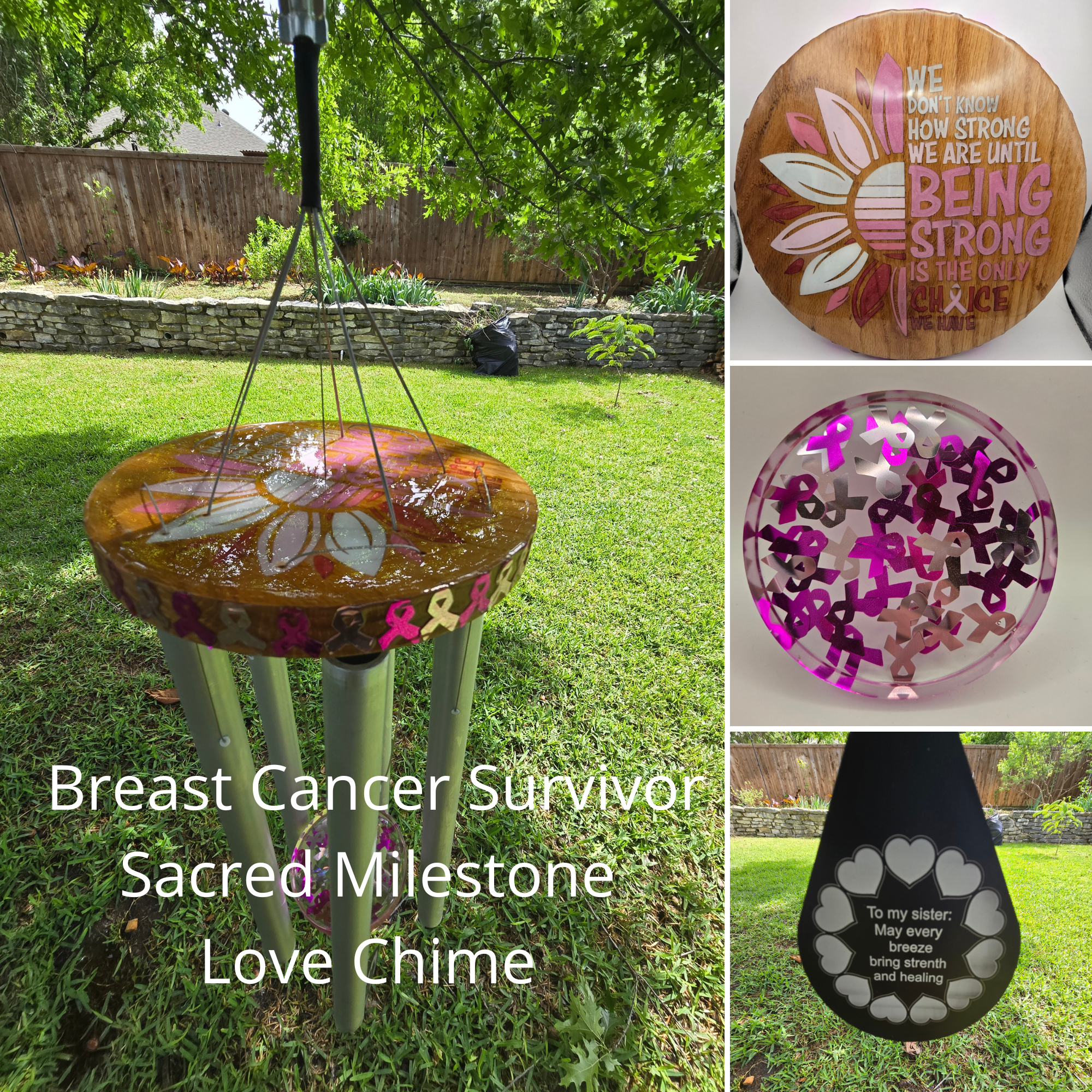 This one-of-a-kind breast cancer survivor wind chime was commissioned by a loving sister as a surprise gift to celebrate her sister beating cancer. Handcrafted as a sacred milestone gift, this custom wind chime features pink ribbon details, meaningfu