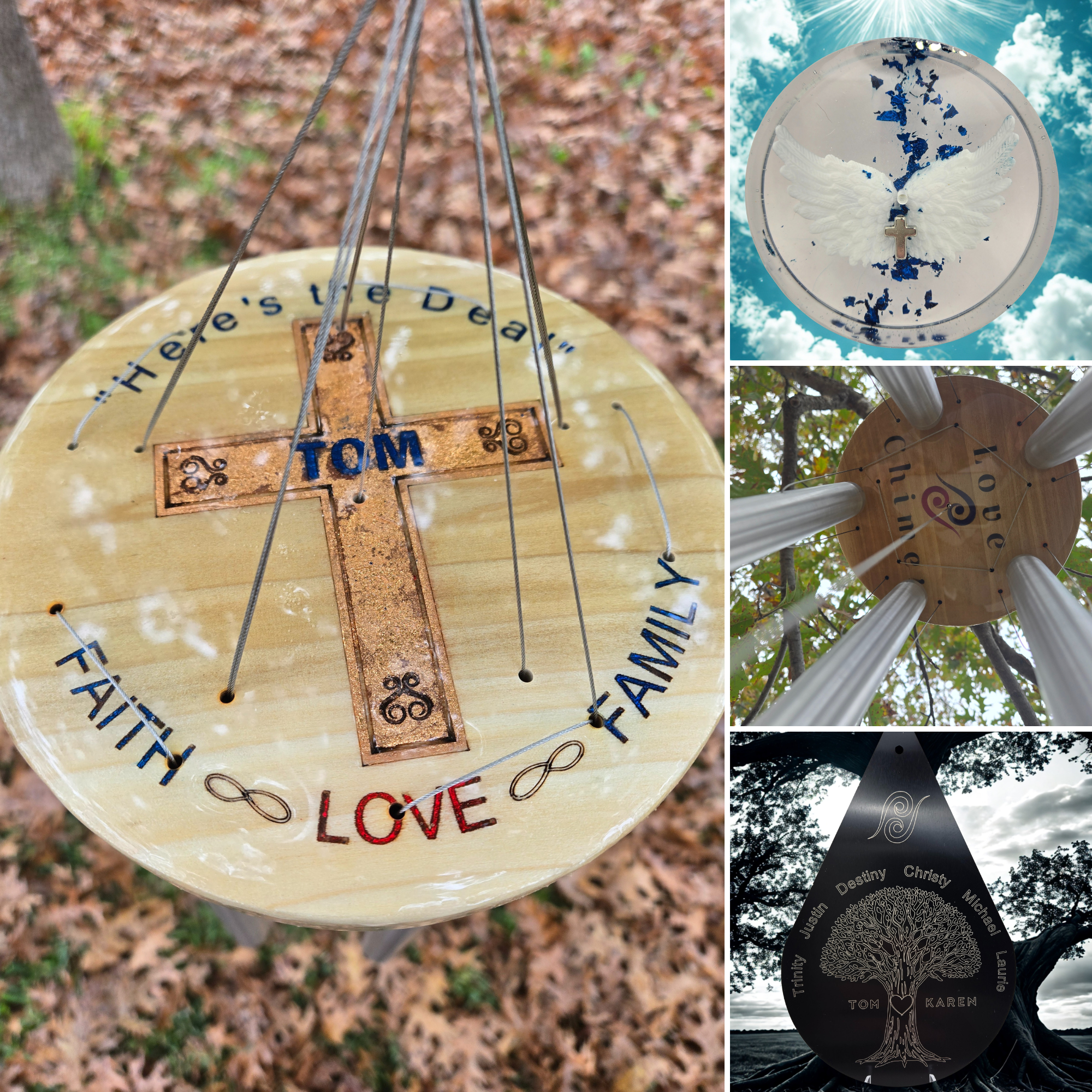 Four different memorial or decorative plaques, each with meaningful symbols and names. The first is a wooden cross with the name 'TOM' and words 'Faith,' 'Love,' 'Family' around it. The second features white angel wings and a cross against the sky. T