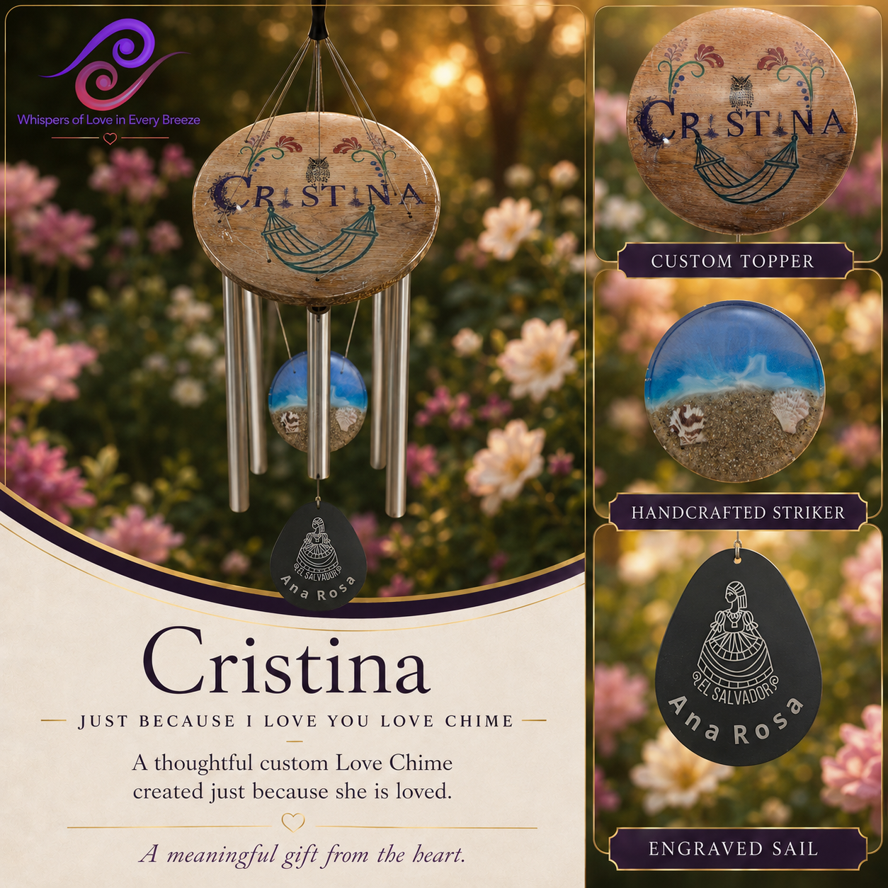 Custom wind chime for Cristina with a beach-themed epoxy striker and hand-painted coastal topper