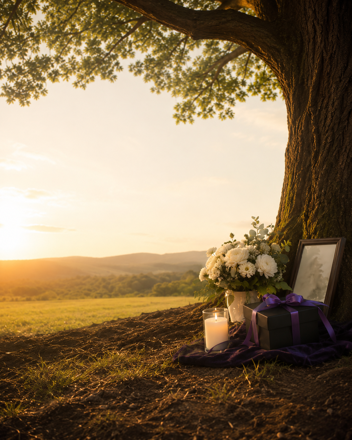 Memorial Love Chime gift image for loss of a loved one with flowers, candlelight, framed photo, and keepsake gift box
