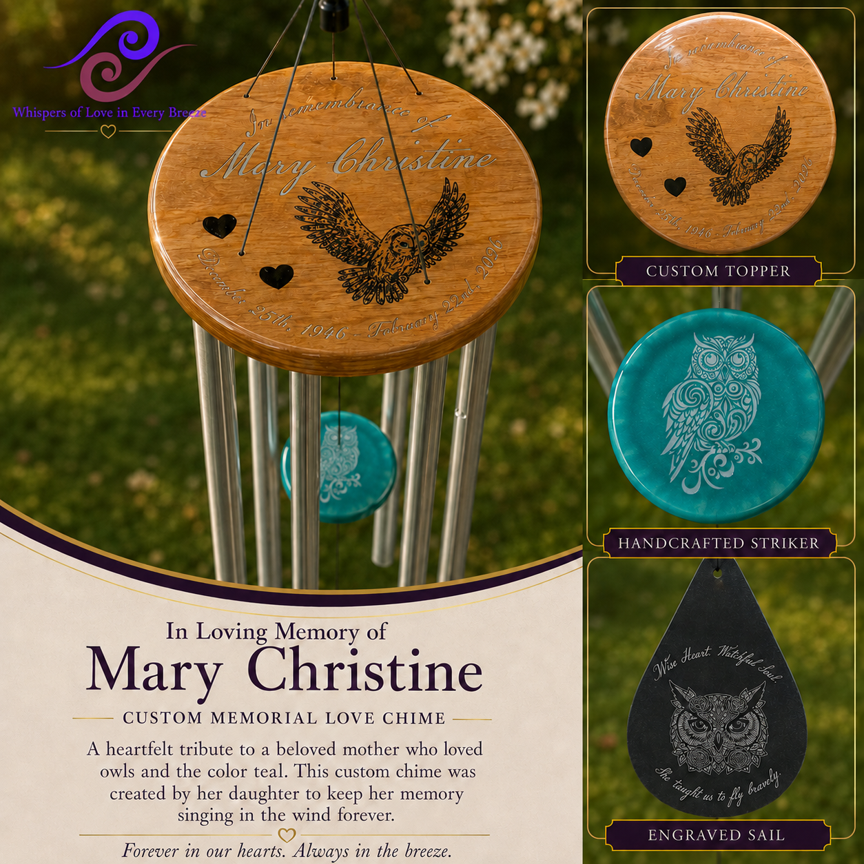 Memorial wind chime for Mary Christine with a carved owl wood topper and teal epoxy striker
