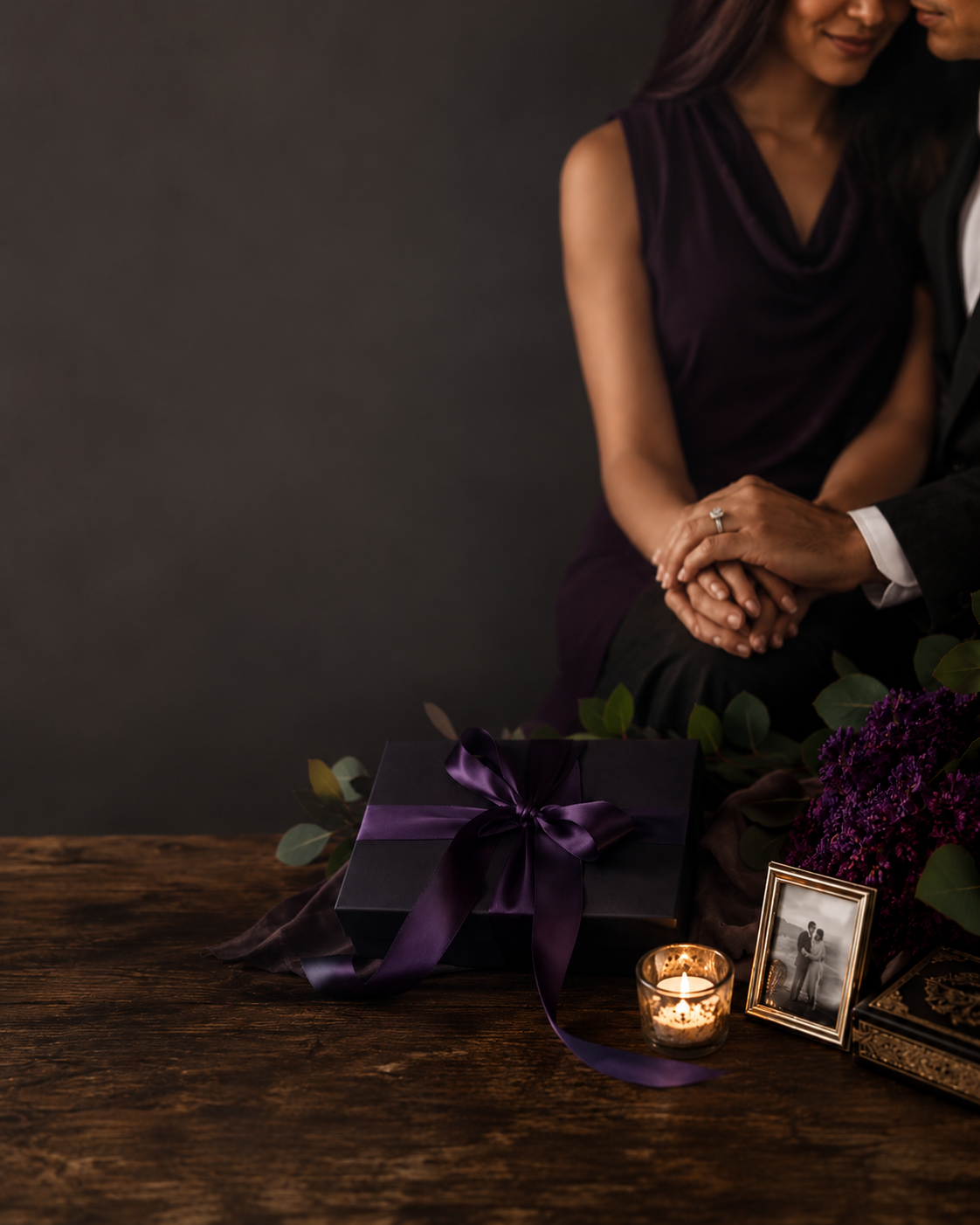 Custom anniversary wind chime gift image with couple holding hands, black gift box with purple ribbon, candlelight, flowers, and framed photo