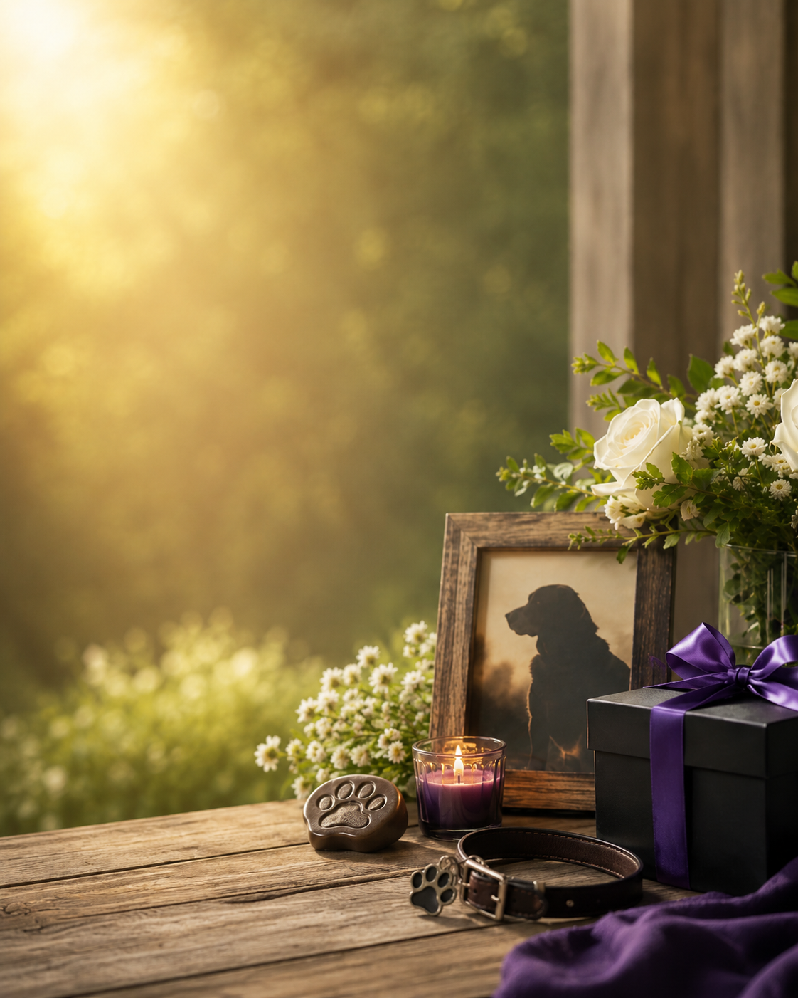 Pet Memorial Love Chime gift image for beloved dog loss with framed pet photo, paw print keepsake, collar, flowers, candlelight, and black gift box