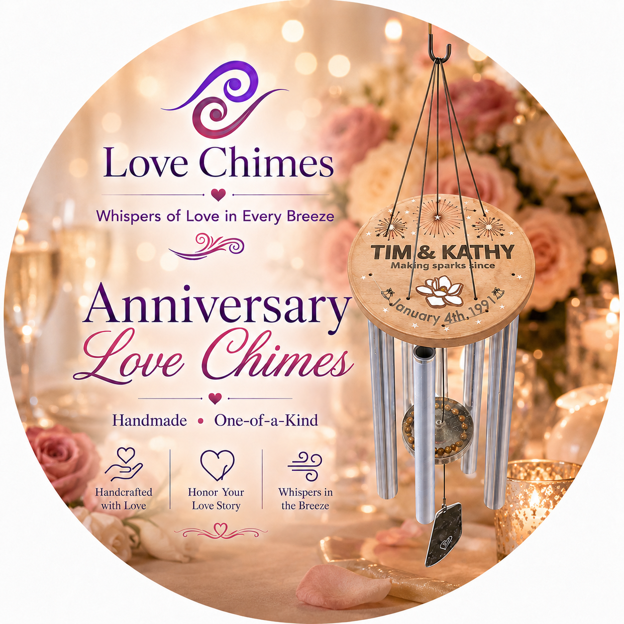 Custom anniversary wind chime created as a personalized heirloom gift