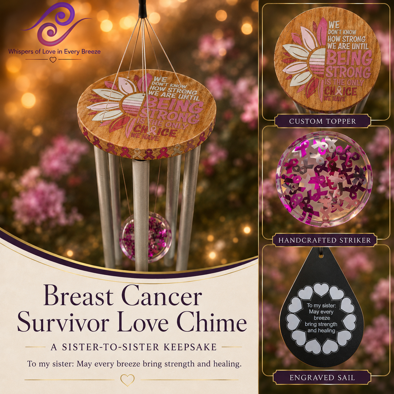 Handcrafted survivor milestone wind chime made by one sister for another, with engraved sail