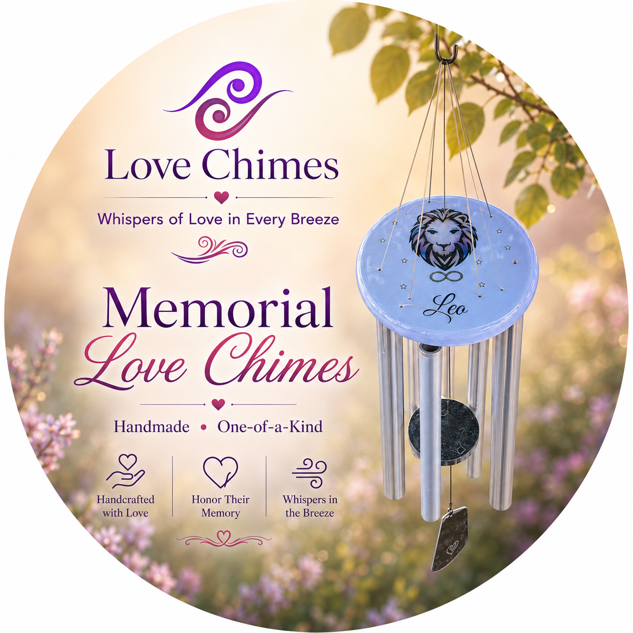 Custom memorial wind chime with personalized wood topper and aluminum chimes
