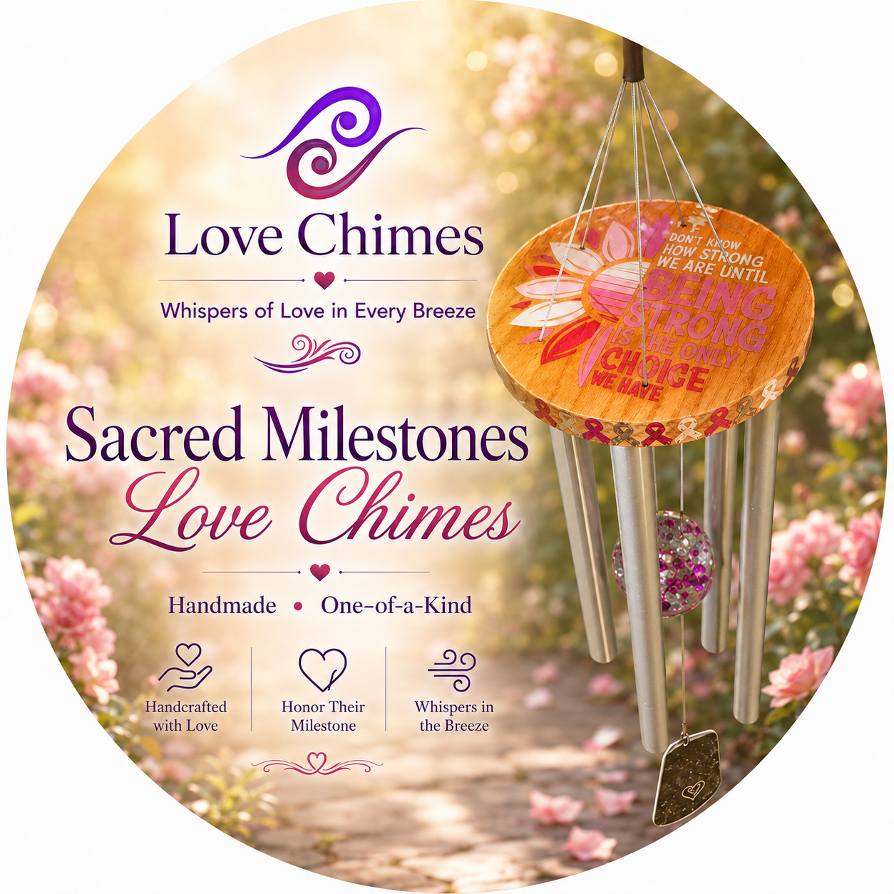 Custom Sacred Milestone wind chime with personalized wood topper and aluminum chimes