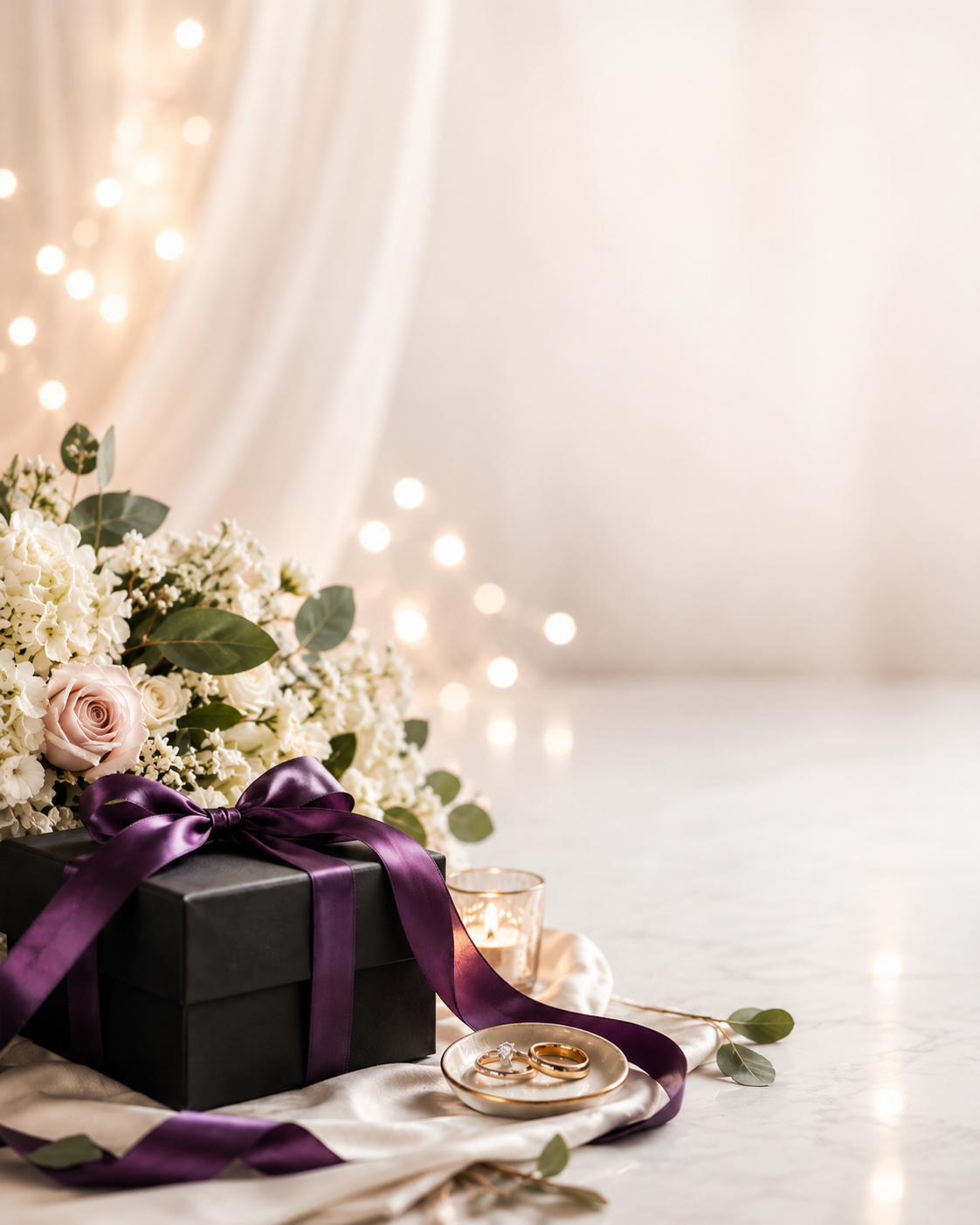 Custom wedding wind chime gift image with black gift box, purple ribbon, wedding rings, flowers, candlelight, and romantic lights