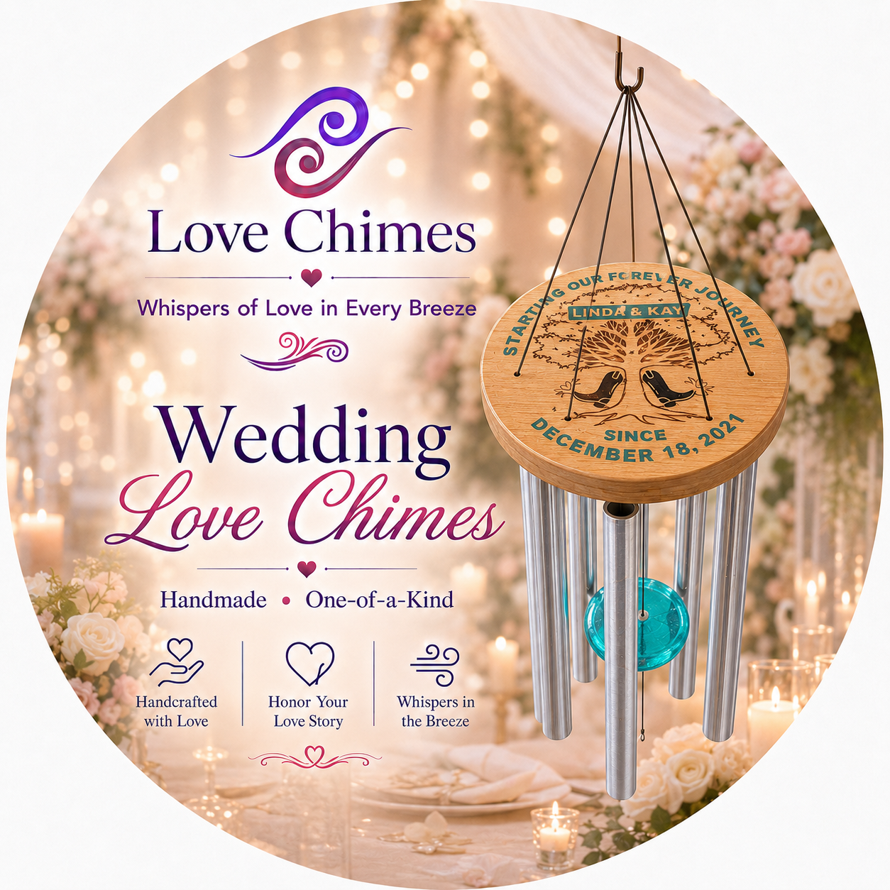Wedding Love Chime with hand-painted details and personalized engraving