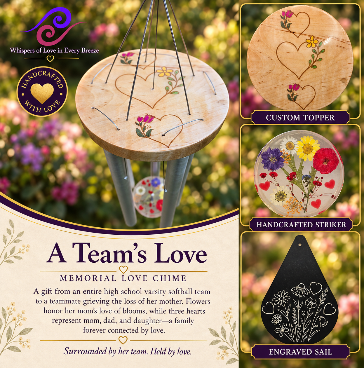 Memorial wind chime with three floral hearts on a wooden topper, a flower-filled resin striker, and an engraved floral sail.