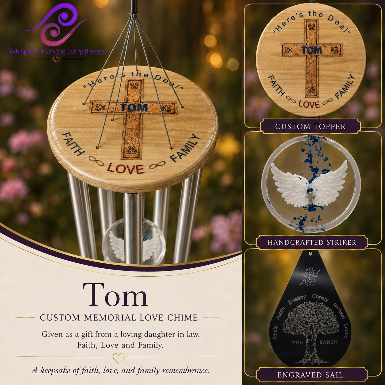 Memorial wind chime for Tom with angel wings sealed inside the epoxy striker and hand-painted topper