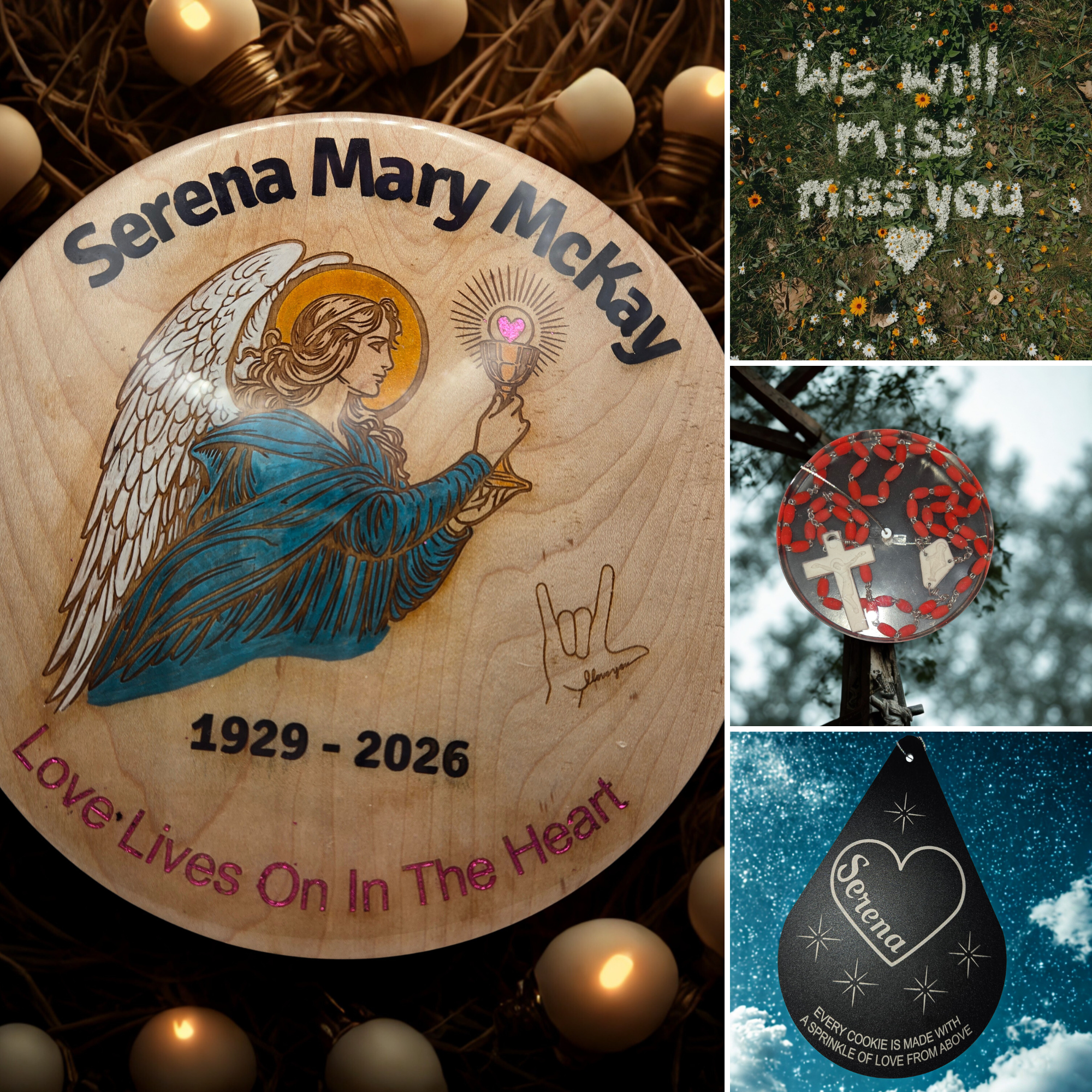This one-of-a-kind memorial wind chime for Serena McKay was created as a commissioned heirloom to honor a life that will always be remembered. Designed with Serena’s name, life dates, angel imagery, and personal symbolic details, this custom memorial