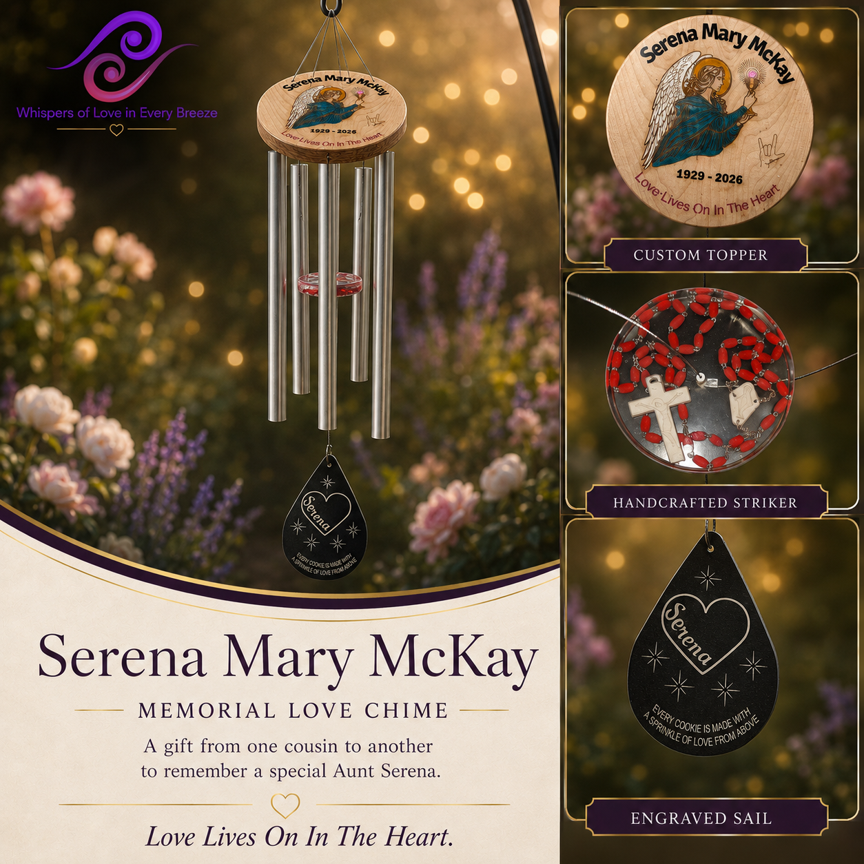 Memorial wind chime for Serena with a rosary set inside the hand-poured epoxy striker