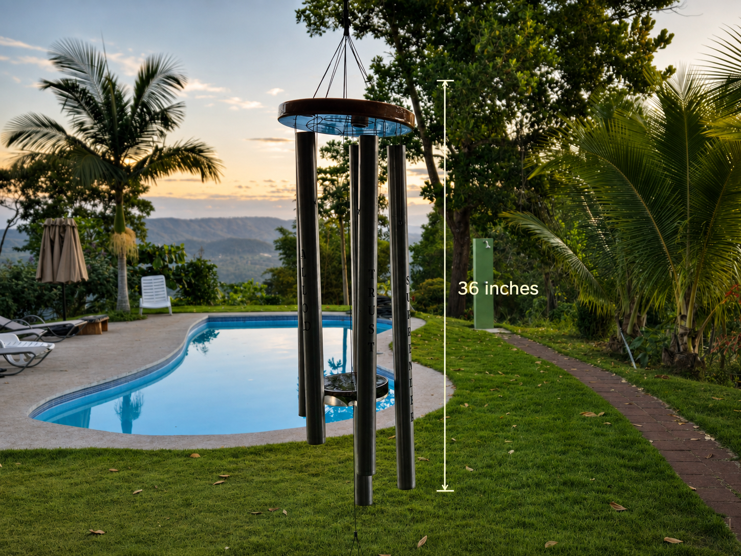 36-inch custom wind chime shown to scale as a size reference for the largest option