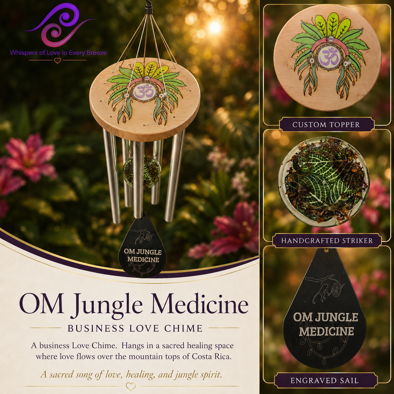 Custom business wind chime for OM Jungle Medicine with a hand-painted logo topper and leaf detail