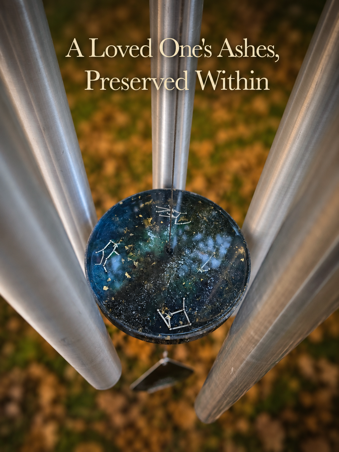 A loved one's ashes preserved inside the striker of a custom memorial wind chime