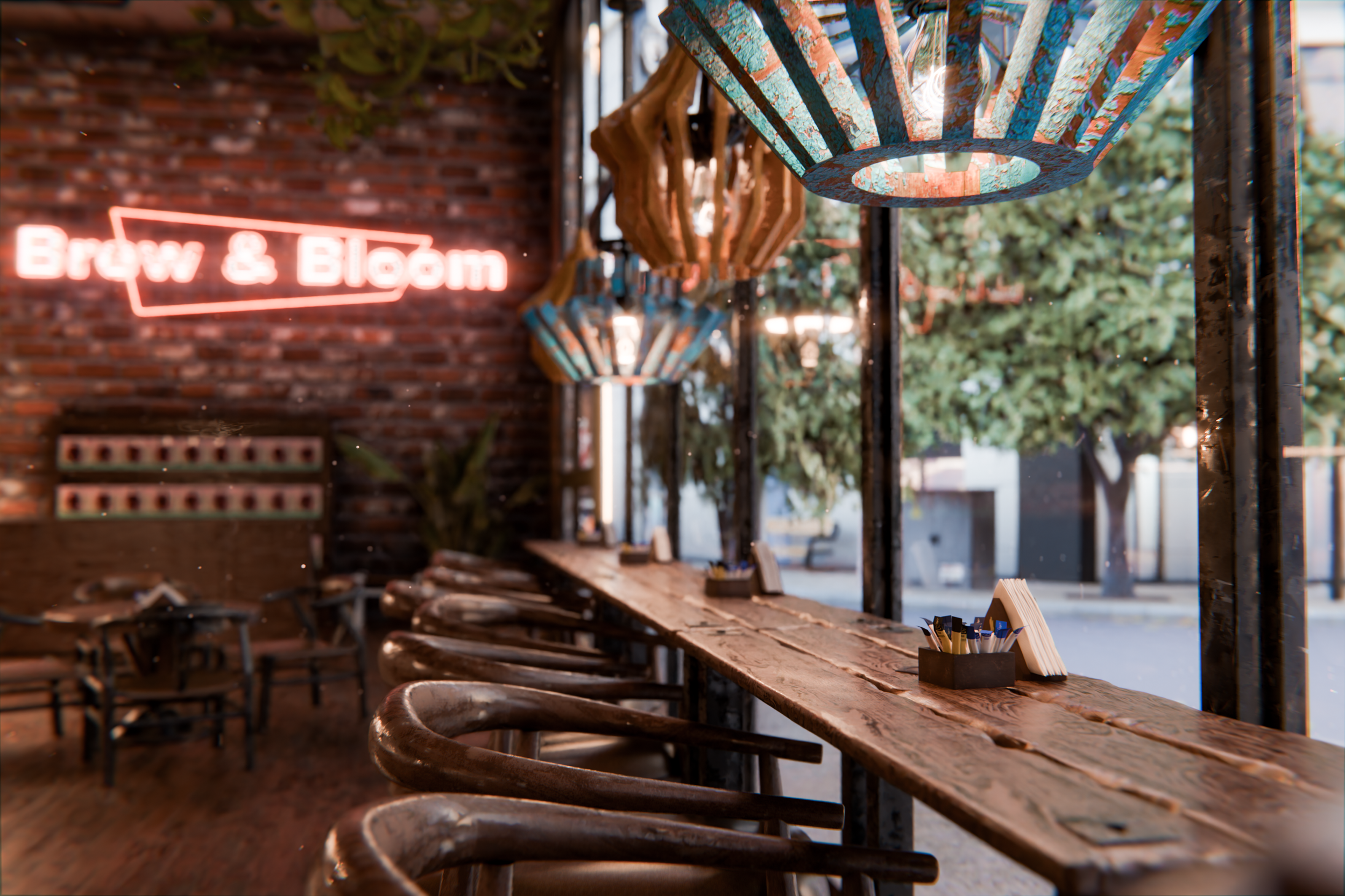 Inside view of a cozy cafe with a wooden counter and bar stools, illuminated by hanging colorful lamps. A neon sign on a brick wall reads "Brew & Bloom," and outside through the windows, a tree and street are visible.