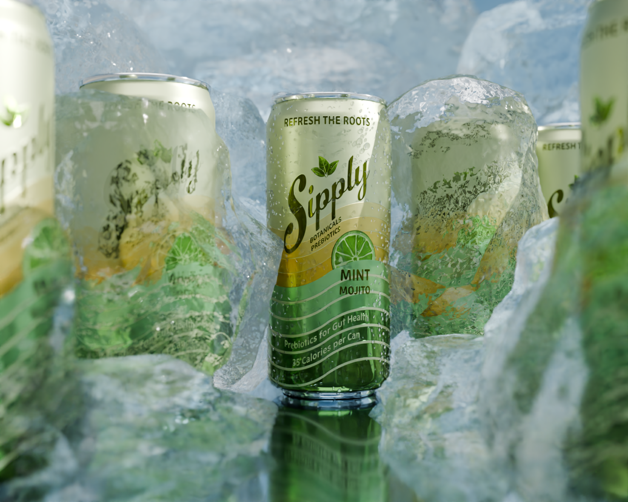 Cans of Sipply mint mojito flavored beverage surrounded by ice and water splashes.