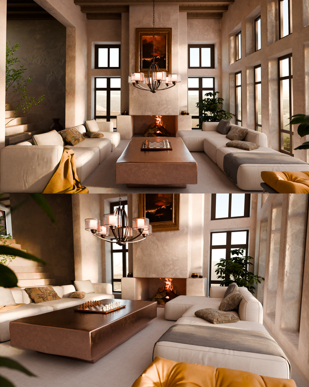 A living room with a high ceiling, large windows, and a modern fireplace. It features white sectional sofas with cushions, a large coffee table, and a chandelier. There are plants and a painting above the fireplace.