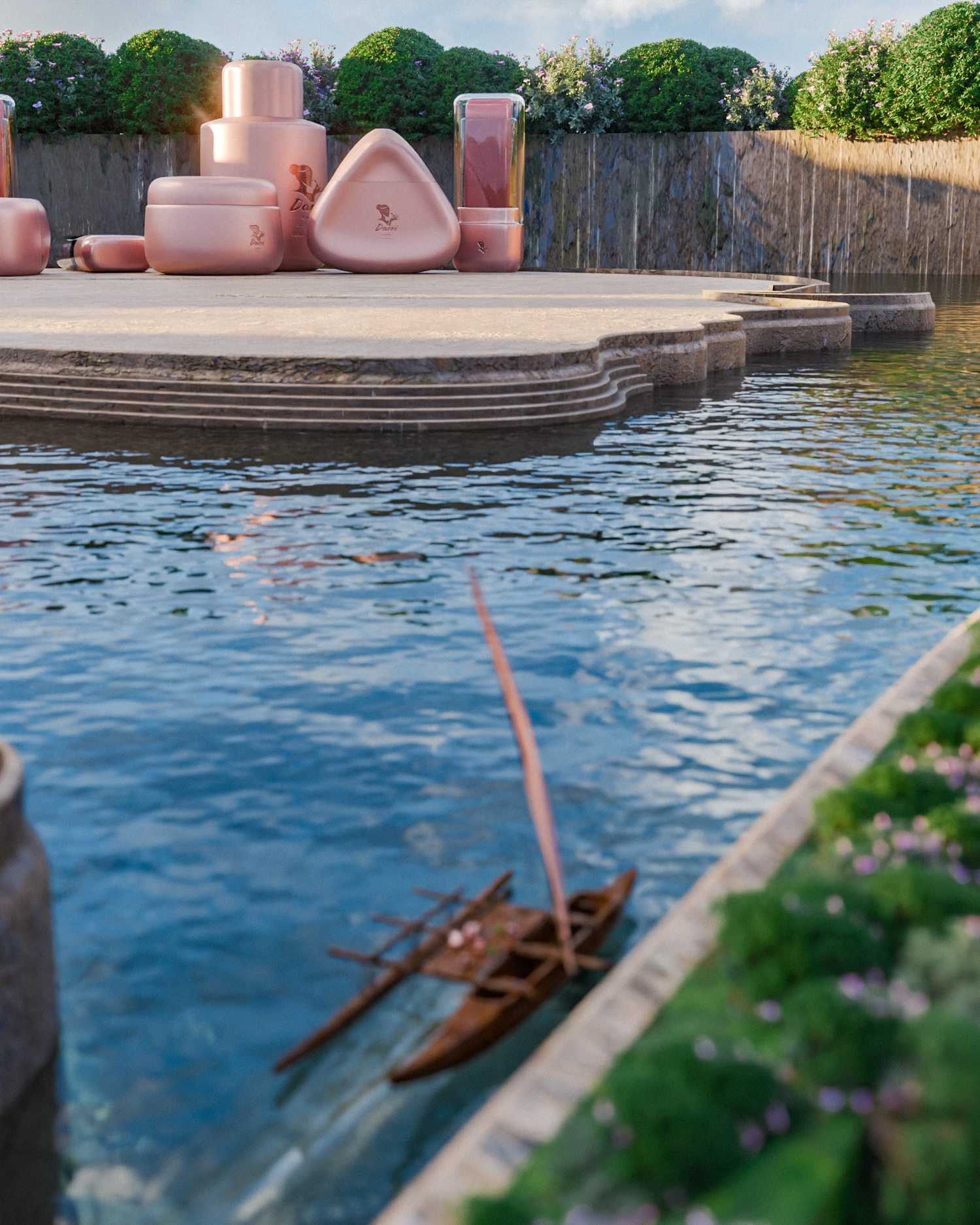 A small, detailed toy ship set in a pond, with a fishing rod extending from the shore and a modern, curved pink lounge chair set on a stone patio overlooking the water, surrounded by green bushes and flowering plants.