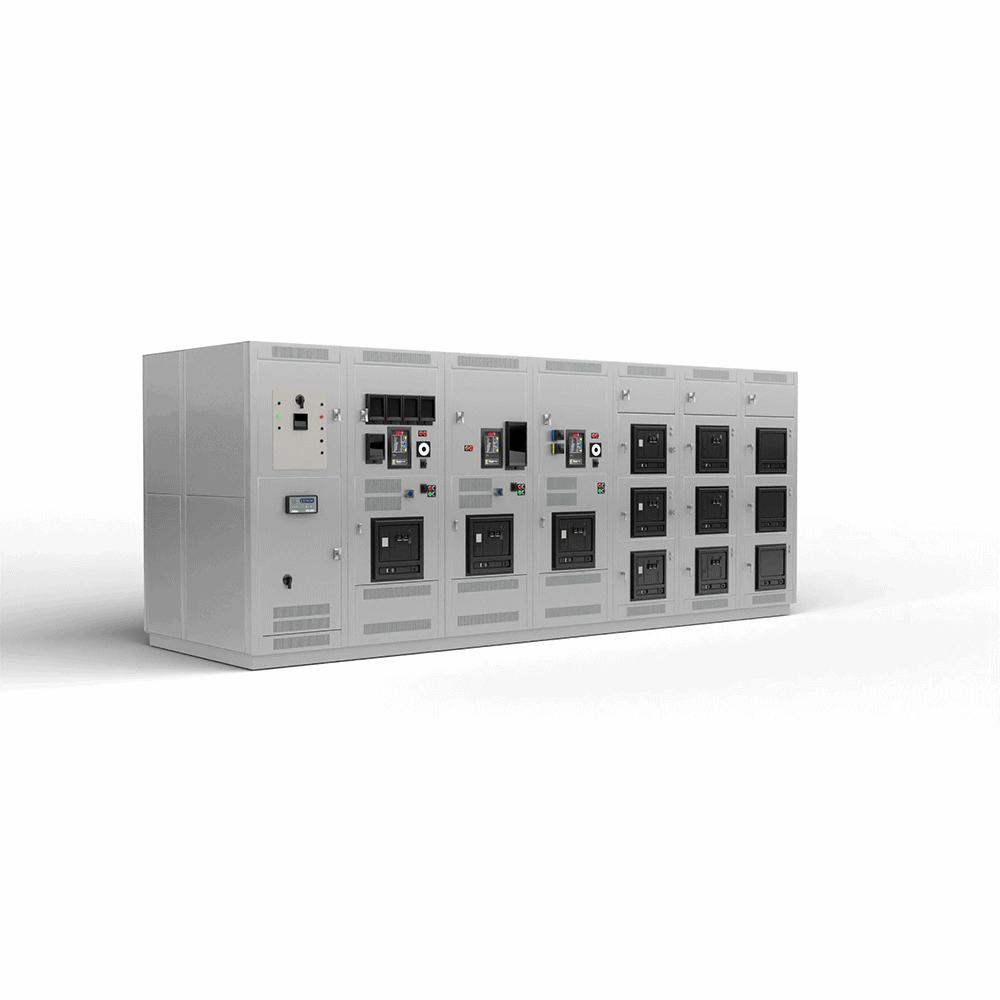 Electrical switchgear panel with circuit breakers and control units.