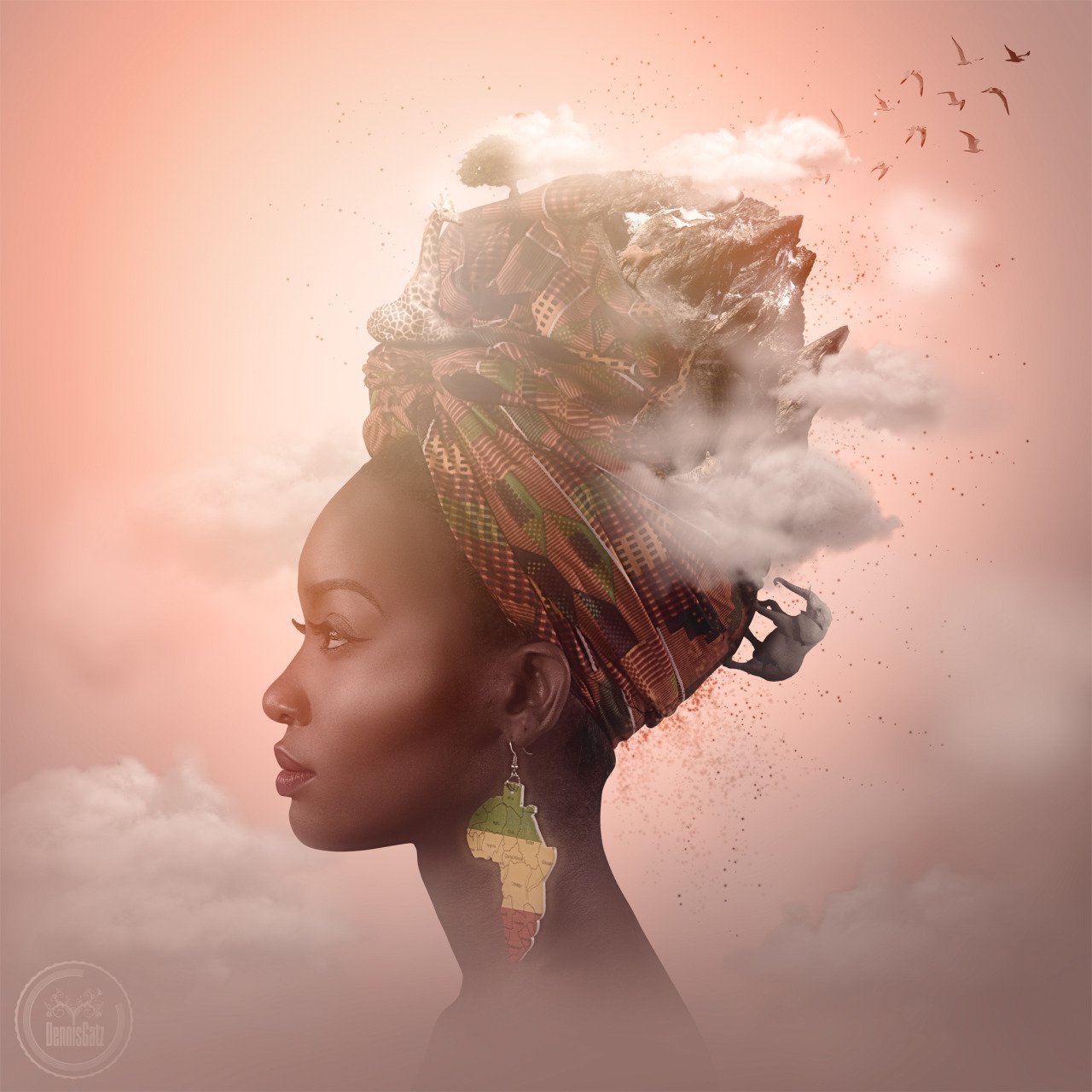 Digital artwork of an African woman with her head in profile, wearing a colorful headwrap and earrings shaped like the African continent with a map of Africa on it. The headwrap transitions into a mountain landscape, with clouds and birds in the back