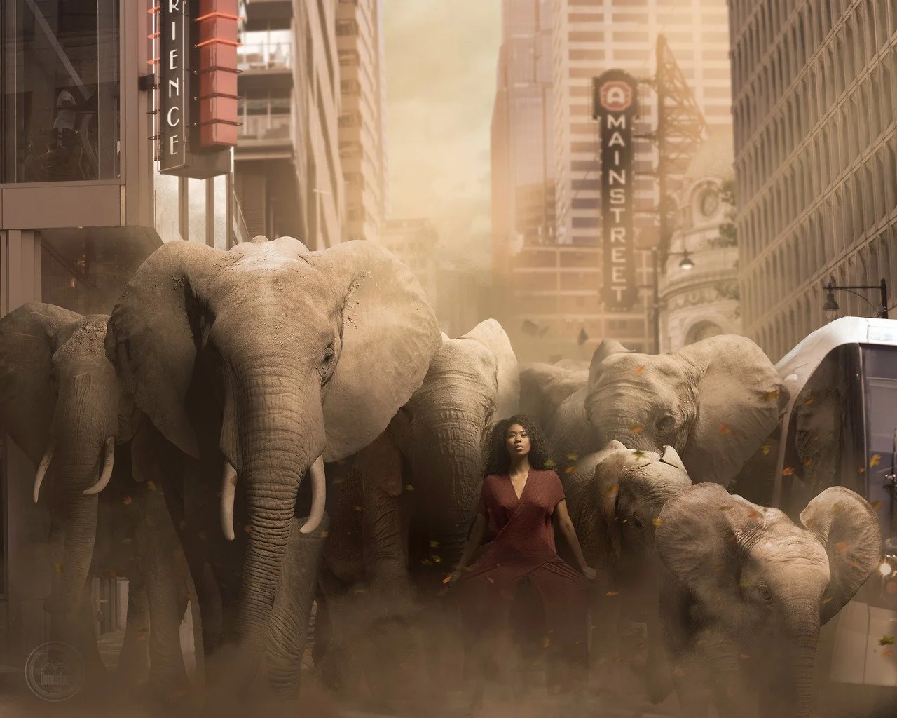 A woman wearing a red dress standing amidst a group of elephants in a city street with tall buildings, neon signs, and a bus in the background.