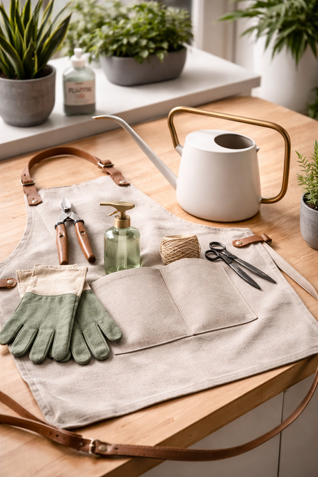 A gardening workspace with gloves, scissors, pruning shears, twine, a watering can, hand soap, and potted plants on a wooden table.