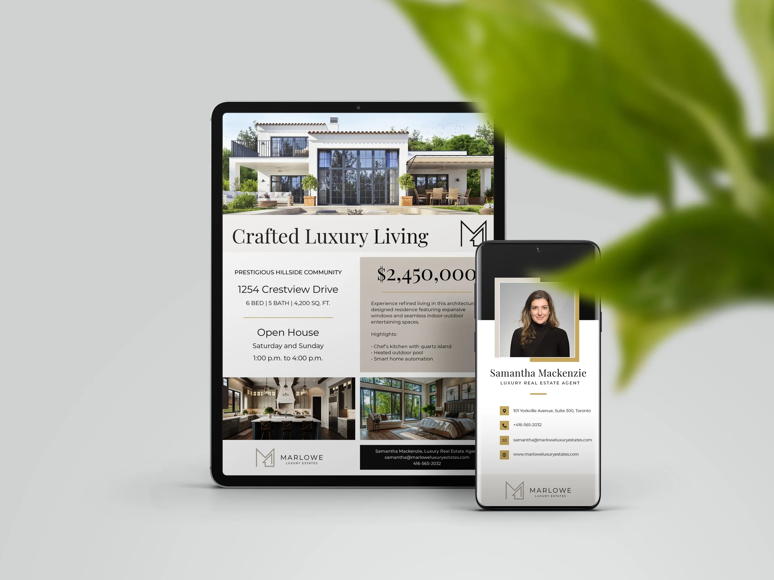 Luxury real estate open house flyer open on tablet and agent digital business card open on phone