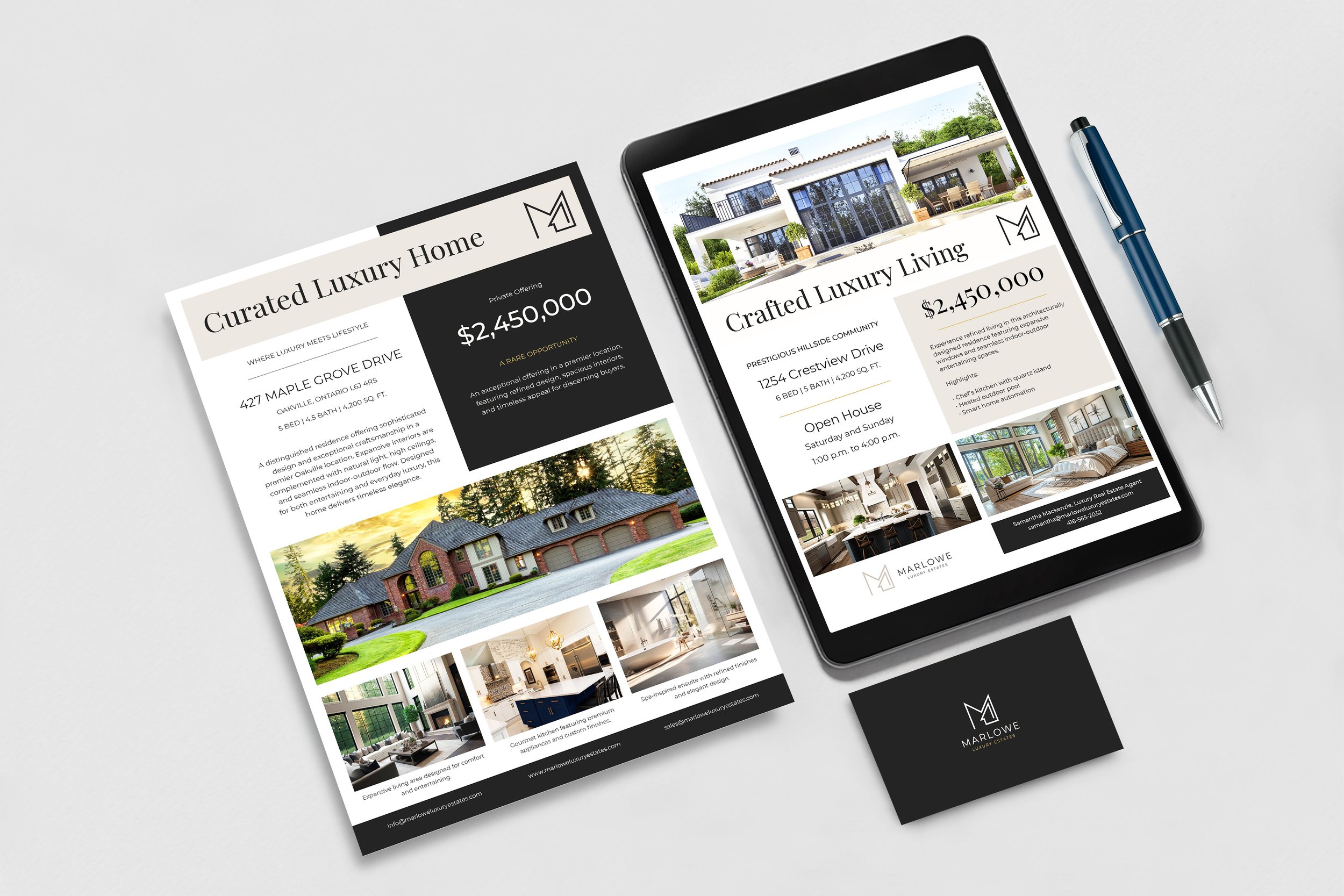 Luxury real estate open house flyer variations, one shown as a printed version and another shown as a digital version on a tablet. Also shown is the luxury real estate business card front in black.