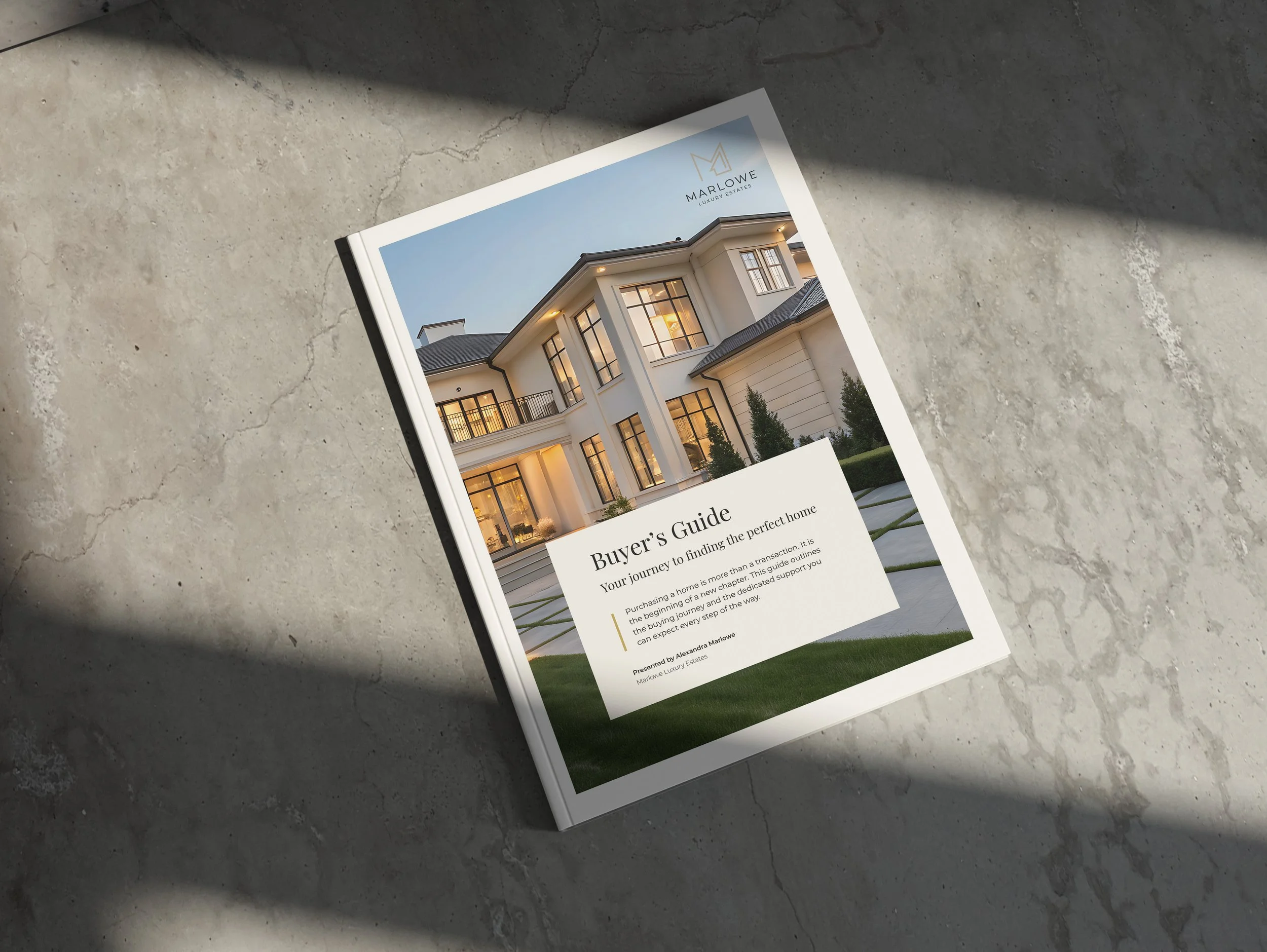 Buyer's Guide for real estate brochure cover on concrete background