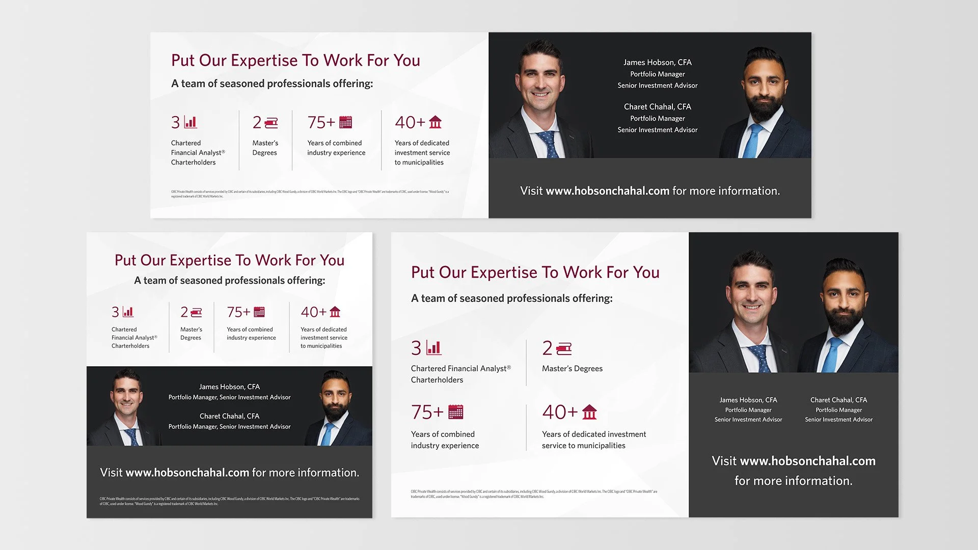 Three digital ads displayed in multiple sizes for different formats.