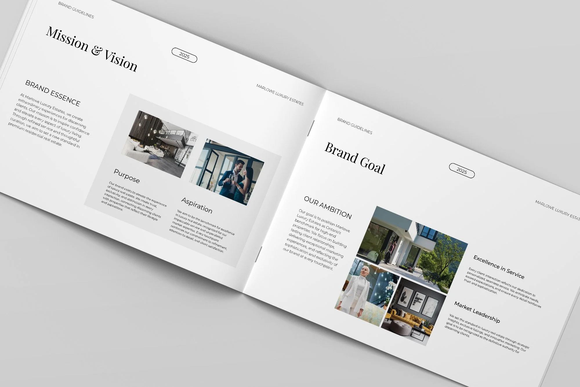 Open brochure spread of brand guidelines with Mission and Vision on the left and Brand Goal on the right.