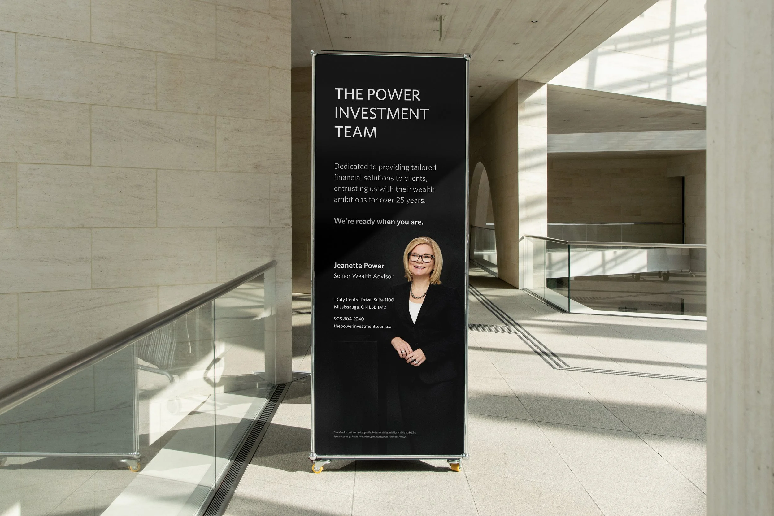 Investment Advisor Pop-Up Banner: Large-format event signage created to maximize visibility and reinforce brand presence at conferences and client events.