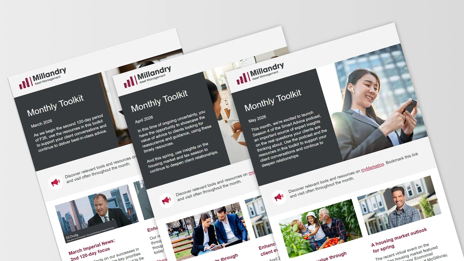 Series of three months of the monthly toolkit email newsletter to show brand consistency and scalability.