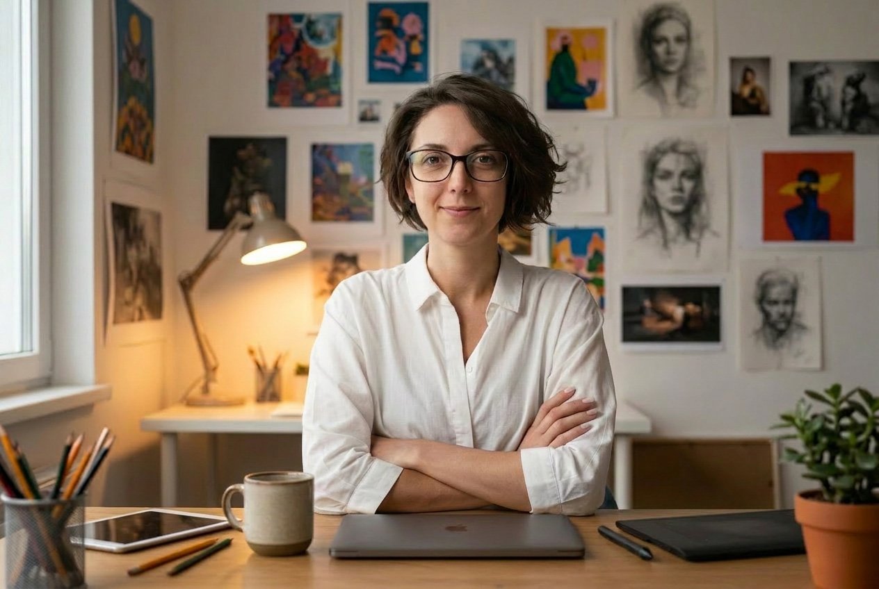 Portrait of Nancy sitting at desk in home office.