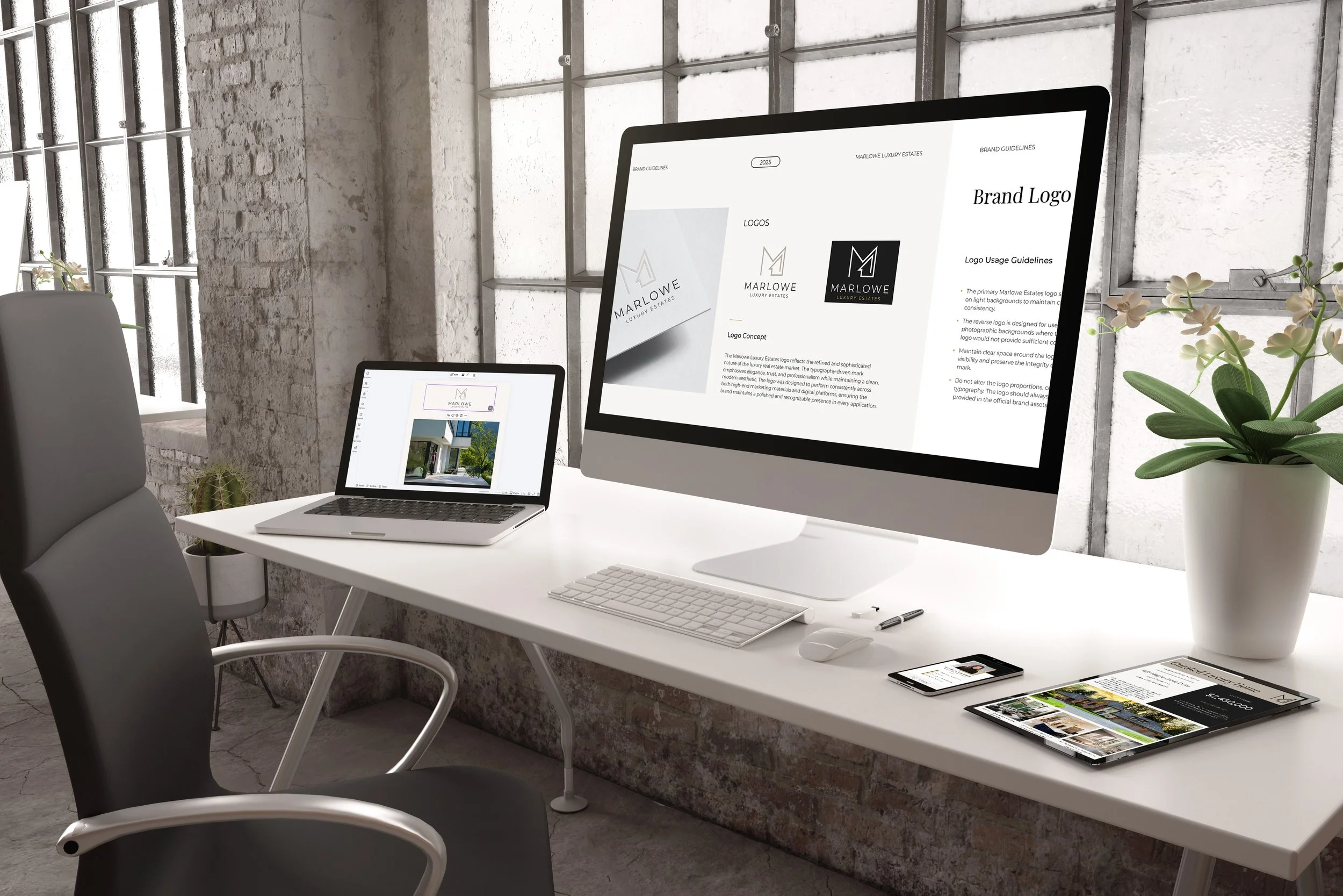 Office desk with computer screen, laptop, tablet and phone. The interfaces show various luxury real estate templates.
