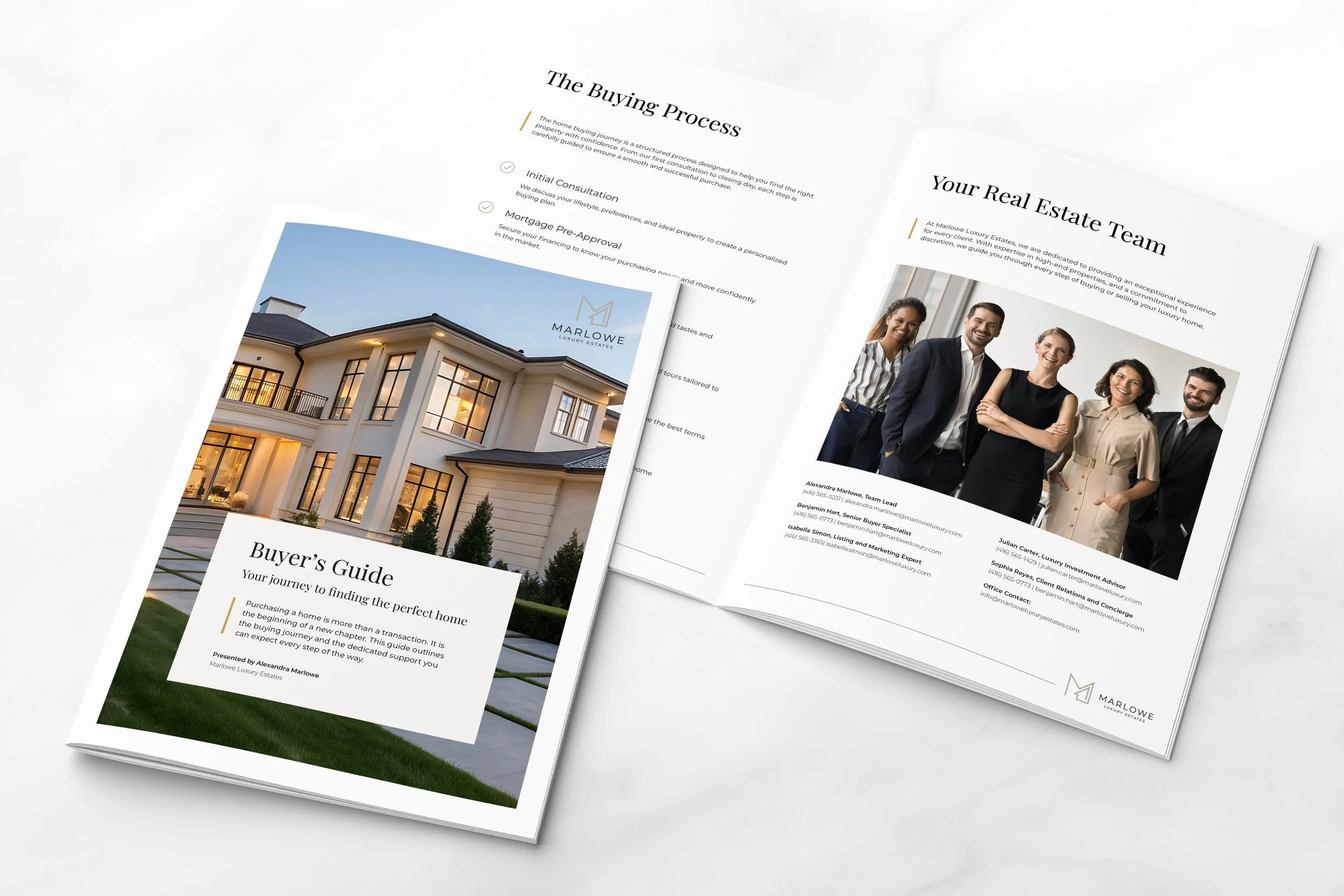 Buyer's Guide client brochure for luxury real estate market open page spread showing the buying process and a real estate team