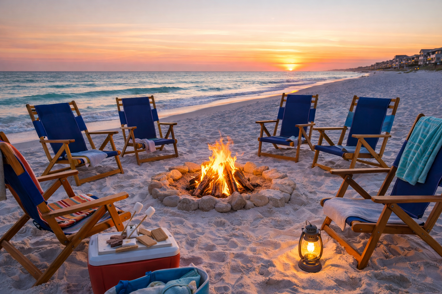 Beach sunset with a fire pit surrounded by six blue beach chairs, towels, and a cooler with snacks, along with lanterns for lighting.