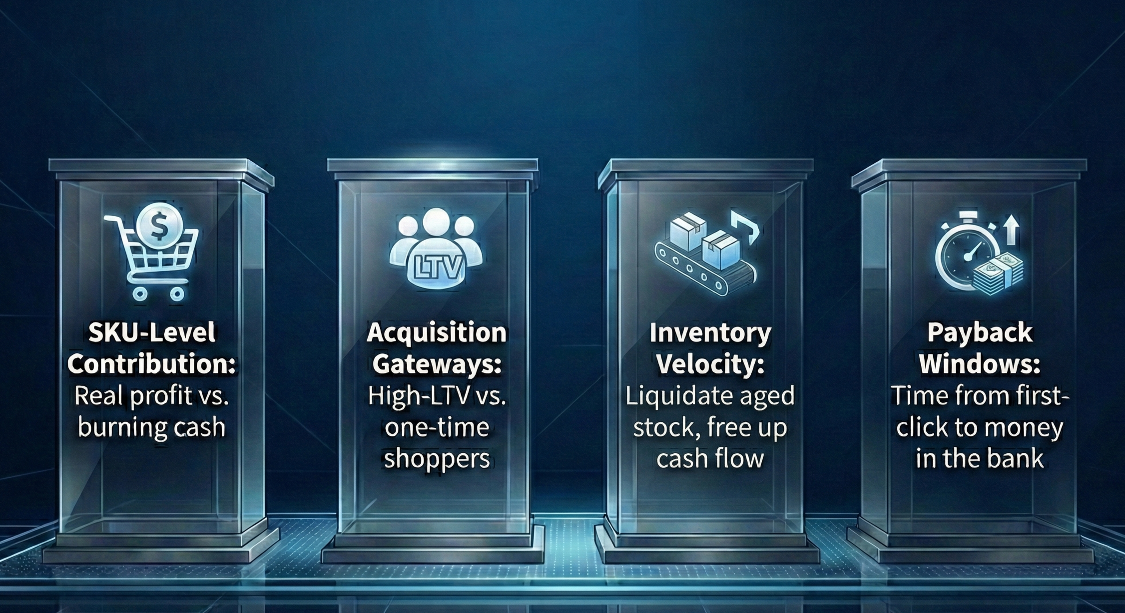 Four value pillars denoting SKU level contribution margin, CLTV by category, stock liquidation for cash flow & payback windows