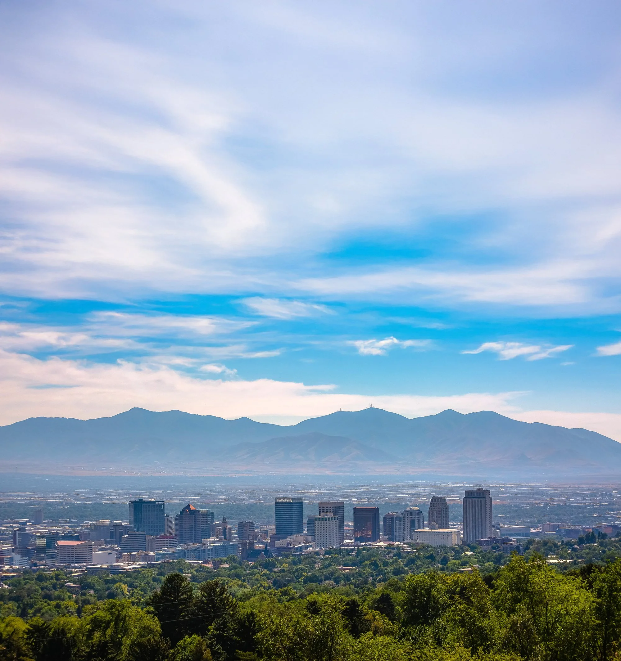 Cityscape with tall buildings in the foreground, lush green trees at the bottom, and mountains in the background under a bright blue sky with scattered clouds.