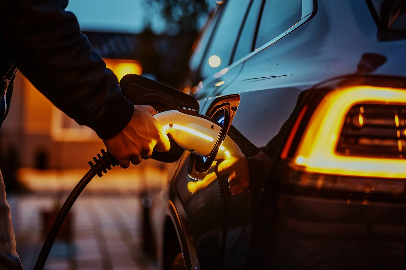 Person connected to an electric vehicle charging station at dusk, with the car's rear and tail lights visible.