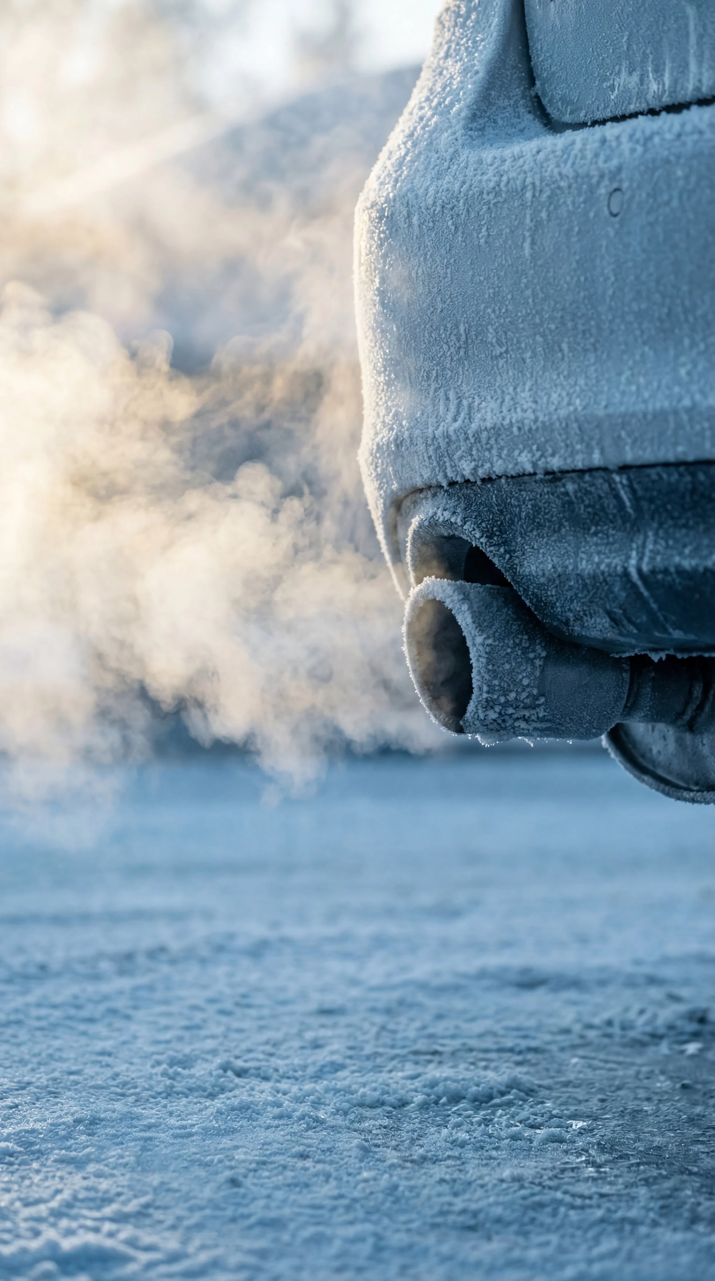 Close-up of a car exhaust pipe emitting visible fumes in a snowy landscape.