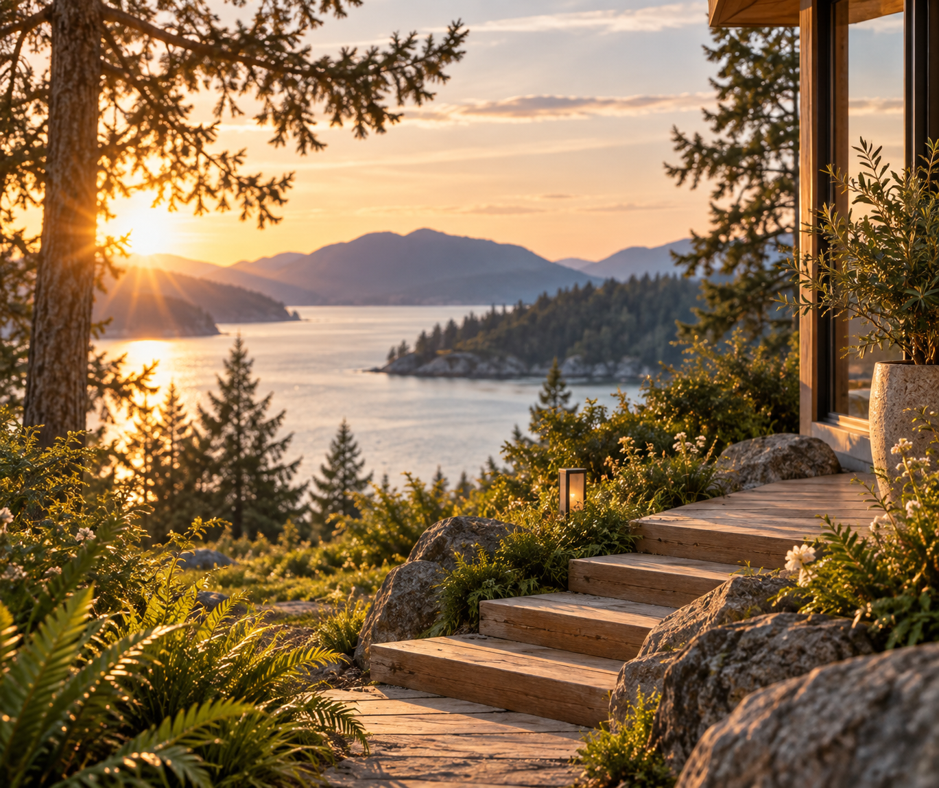 Sunlit mountain and lake landscape with a peaceful garden path, inspiring relaxation, guided meditation and connection with nature.