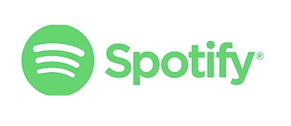Spotify logo with green circle and black sound wave icon, and green text spelling 'Spotify'.