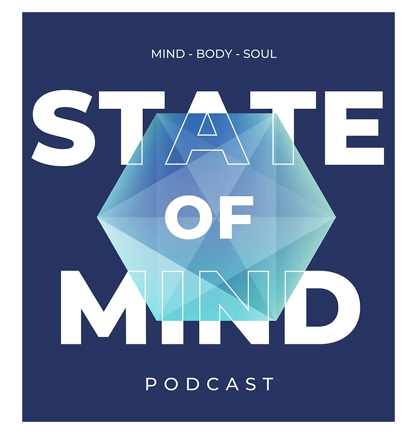 Podcast cover art with a dark blue background, a large geometric diamond shape in shades of blue and cyan at the center, and white text reading "Mind - Body - Soul, State of Mind, Podcast".