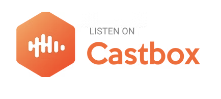 Castbox logo with orange hexagon and white sound wave icon, and the words "LISTEN ON Castbox"