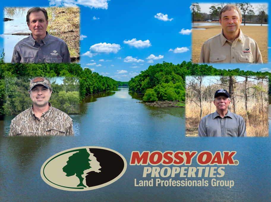 A promotional graphic for Mossy Oak Properties Land Professionals Group featuring a river and four men in outdoor and rural settings, with the company's logo at the bottom.