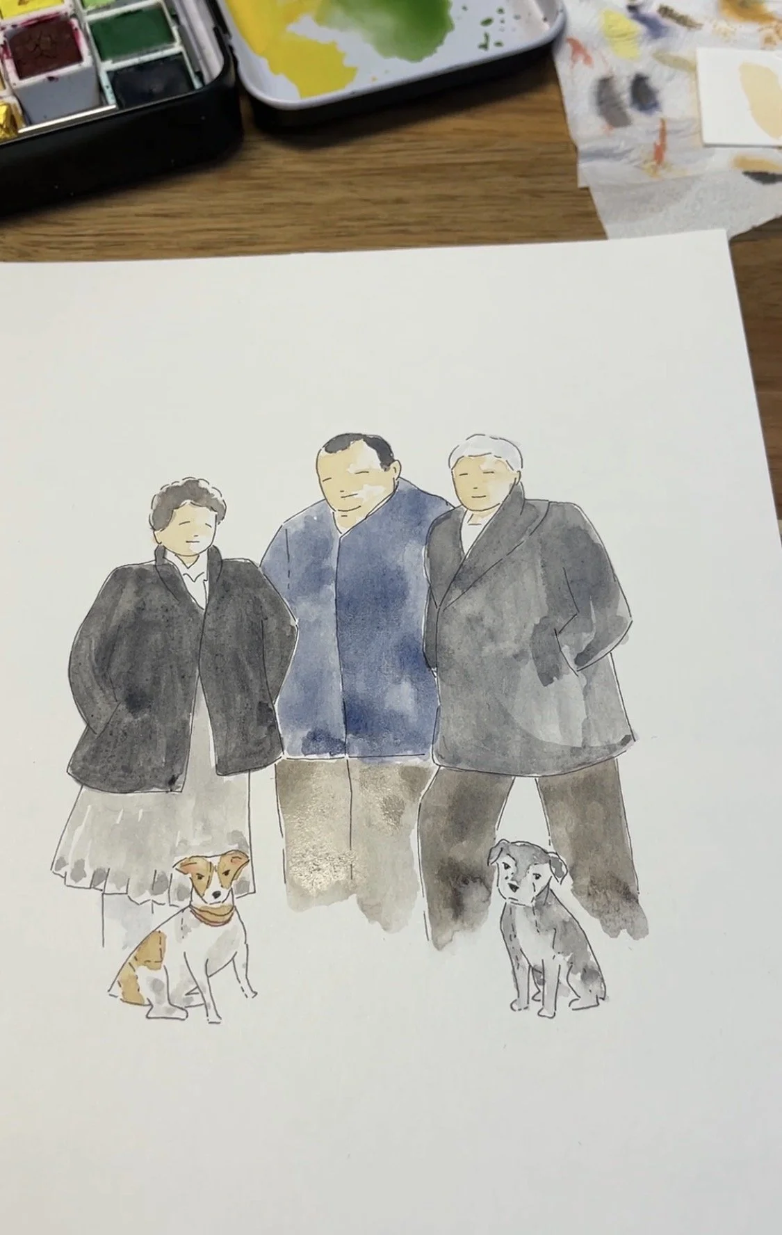 Retrato familiar en acuarela pintado a mano sobre papel de alto gramaje